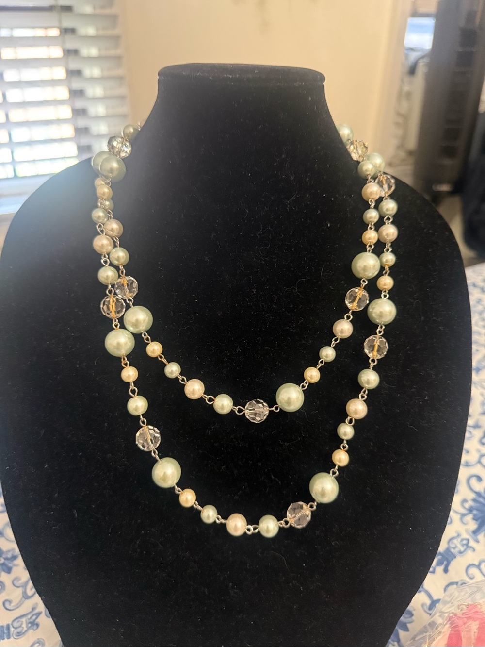 Elegant Two-Strand Pearl and Crystal Necklace - Sage Green & Champagne